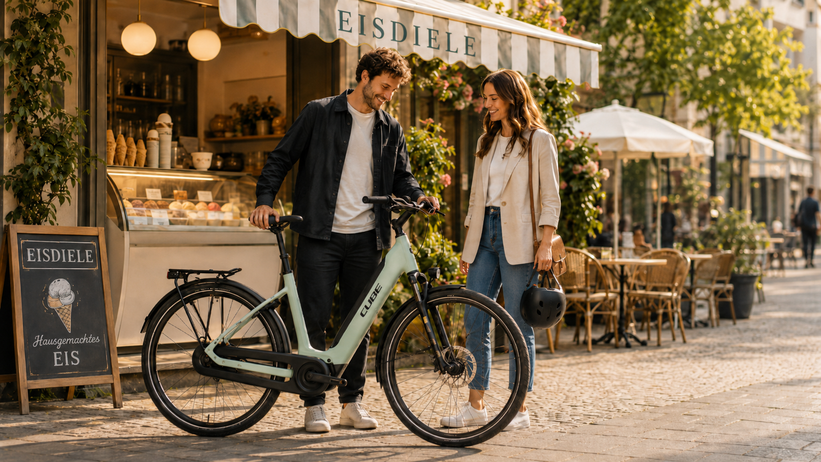 Paar mit Cube E-Bike vor einer Eisdiele