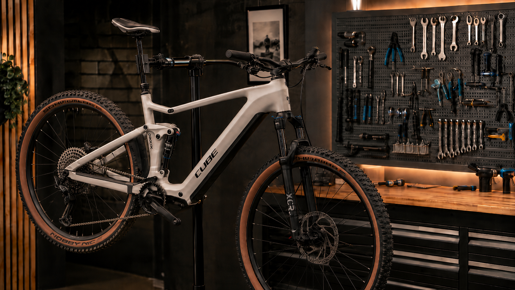 Cube-Fully im Montageständer der Fahrradwerkstatt, dahinter die Werkzeugwand