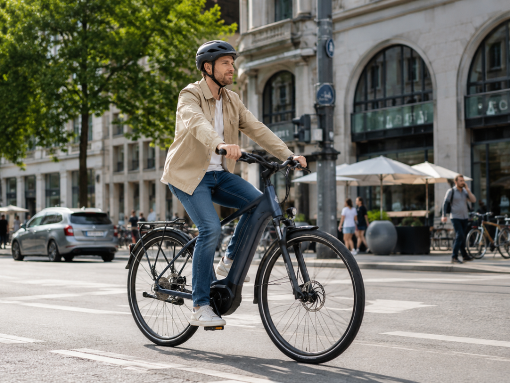 Citybike im Stadtverkehr aufrechte Sitzposition
