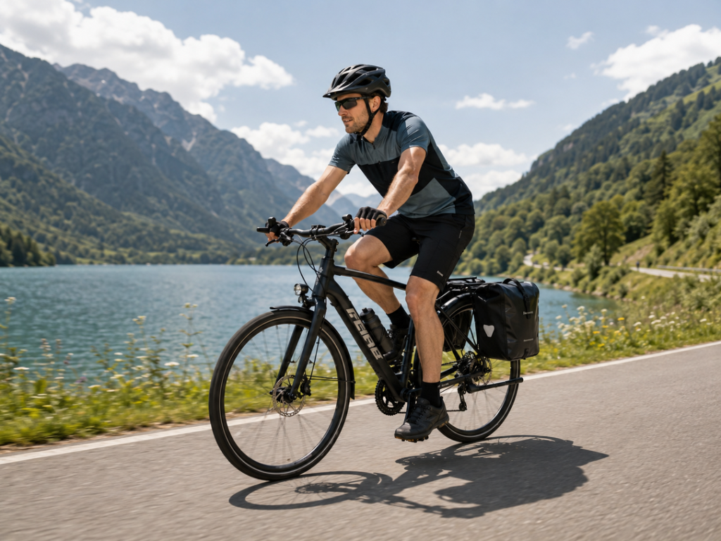 Trekkingrad mit Gepaecktaschen auf einem Radweg